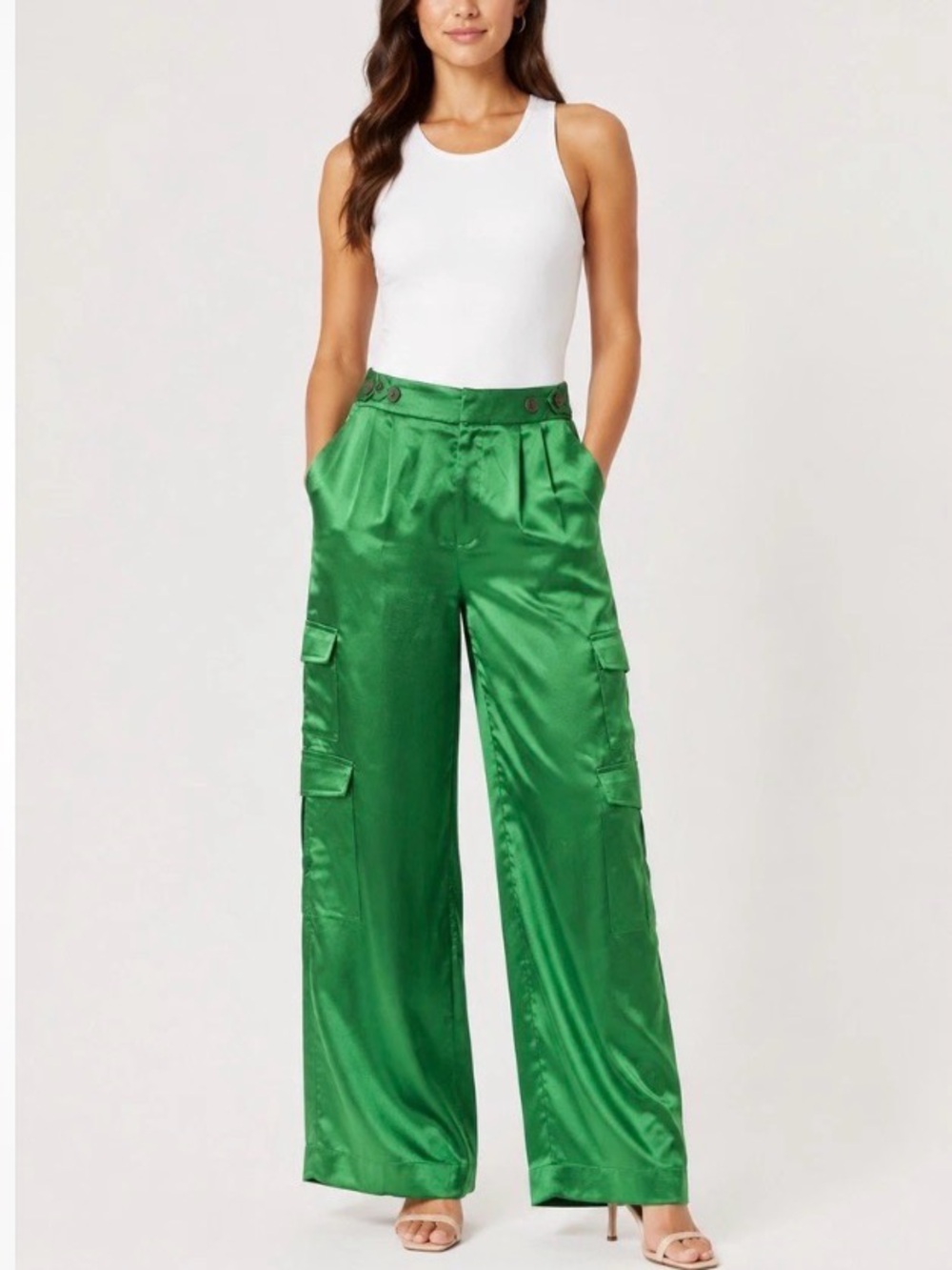 A New Day Women’s Size 8 Green Satin Cargo Pants High Rise Wide Leg Utility